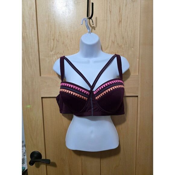 Boutique Womens 1X Burgundy & Pink Strappy Bikini top With Geometric Pattern - Picture 1 of 4